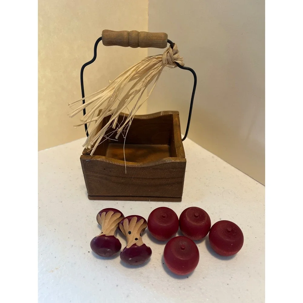 Vintage Wooden Apple Basket Set Rustic Farmhouse Decor Miniature Crate 7pc
